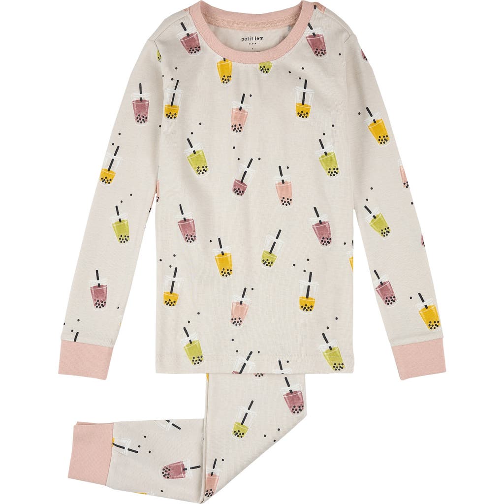 Petit Lem Kids' Bubble Tea Print Fitted Two-Piece Organic Cotton Rib Pajamas in Beige