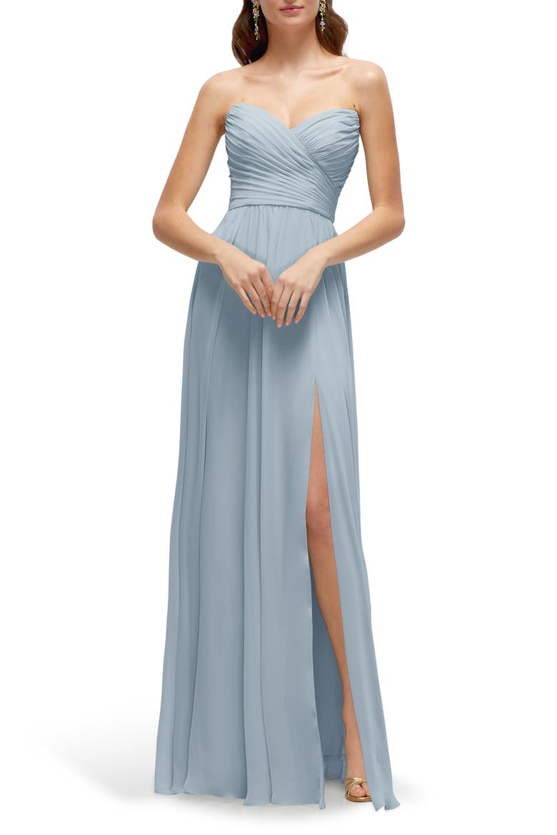 Pleat Detail Strapless Chiffon A-Line Gown, Main, color, MIST