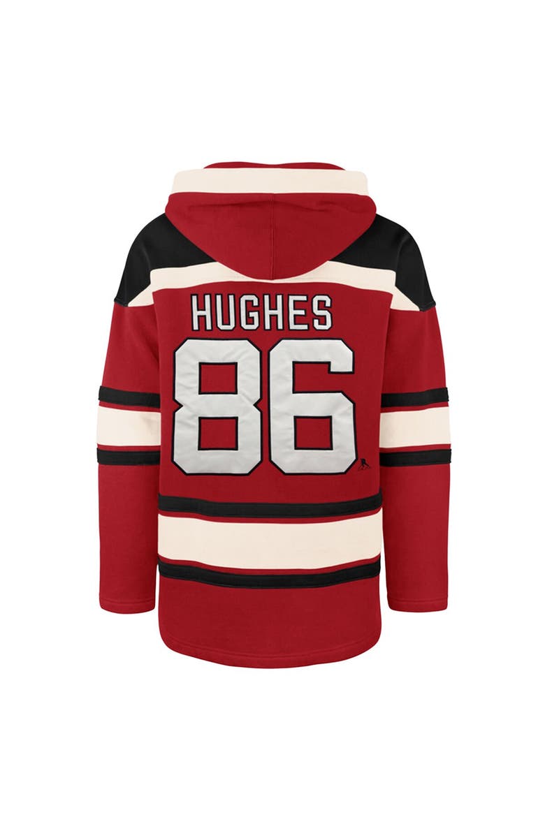 Men's '47 Jack Hughes Red New Jersey Devils Big & Tall Lace-up Pullover Hoodie, Alternate, color, Red