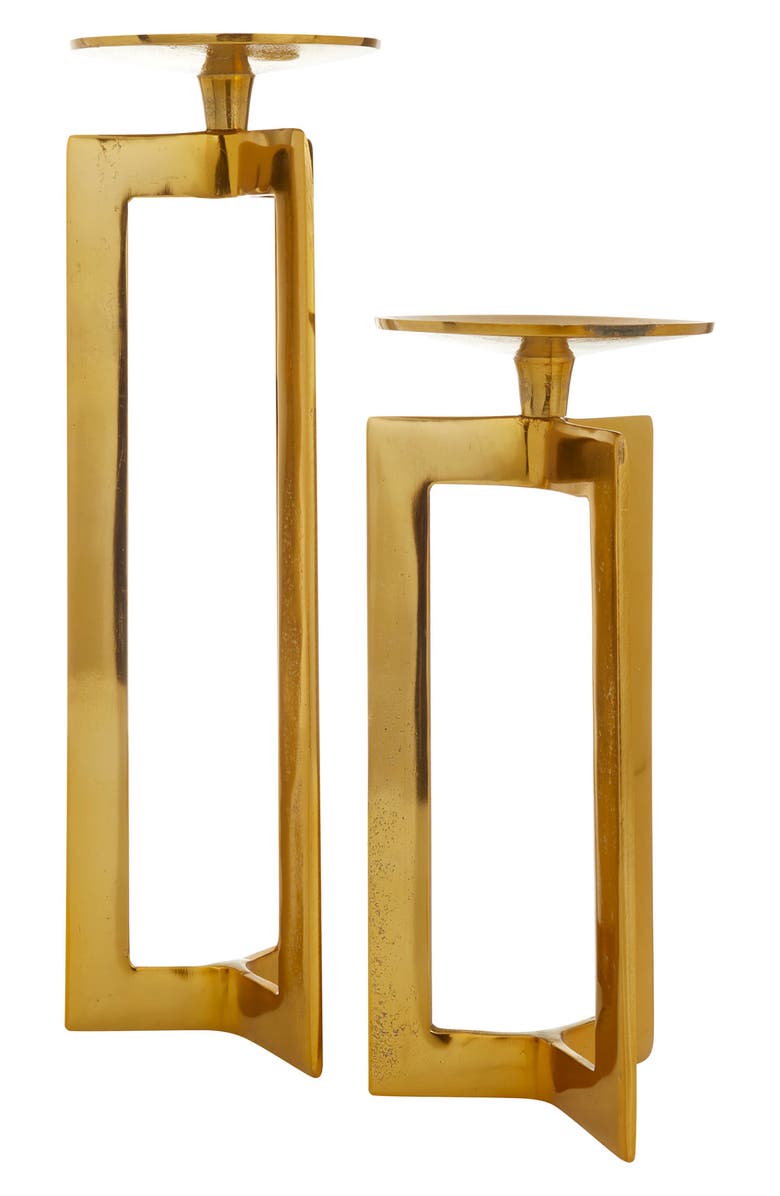 WILLOW ROW Goldtone Aluminum Pillar Geometric Candle Holder - Set of 2, Alternate, color, Gold
