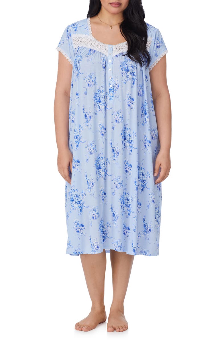 Eileen West Floral Cap Sleeve Jersey Nightgown, Alternate, color, Blue Print