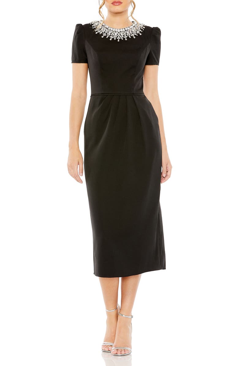 Mac Duggal Hand Embellished Rhinestone Neckline Column Dress, Main, color, Black