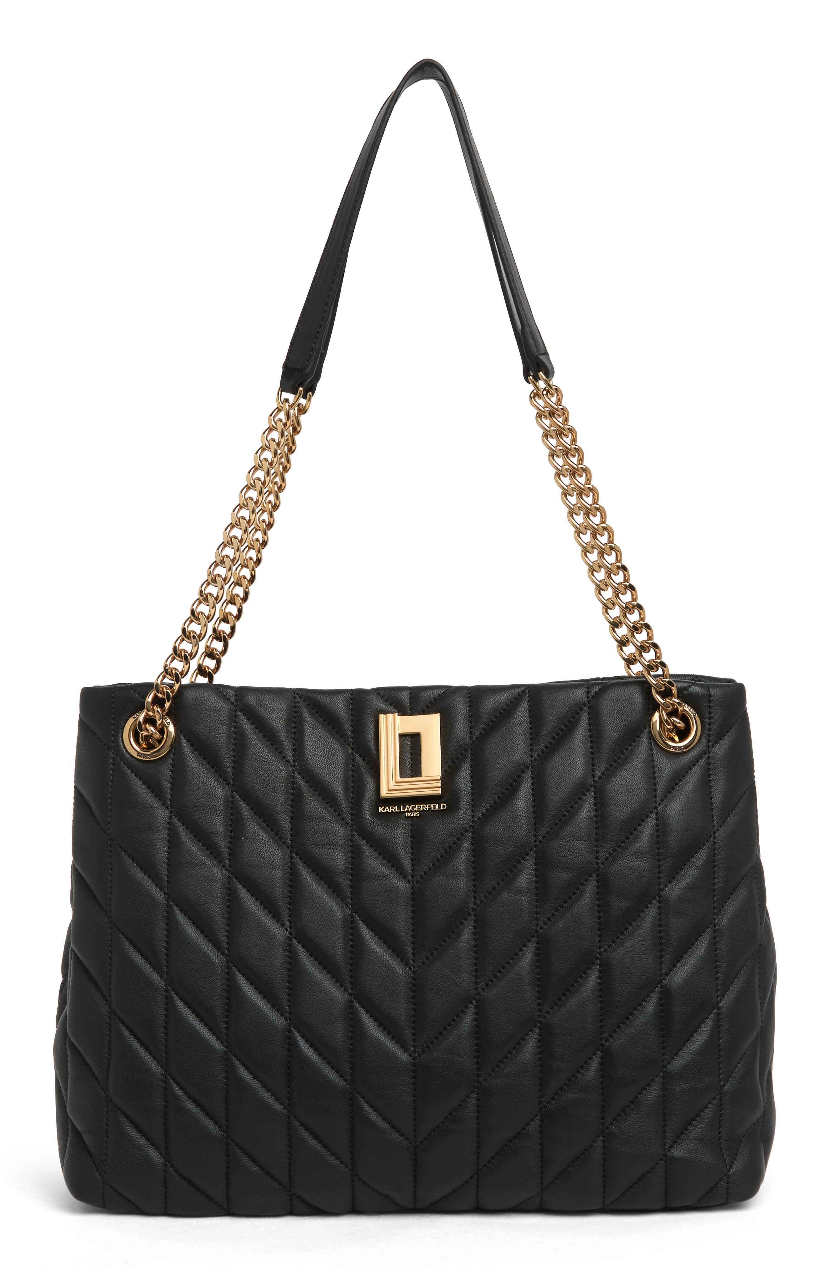 Quilted Leather Tote, Main, color, BLACK/ GOLD