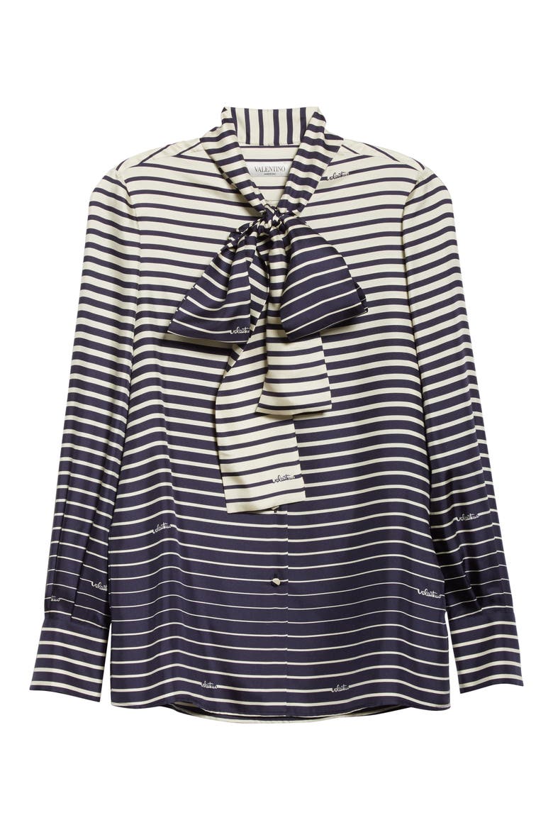 Stripe Tie Neck Silk Blouse, Alternate, color, AVORIO/ NAVY