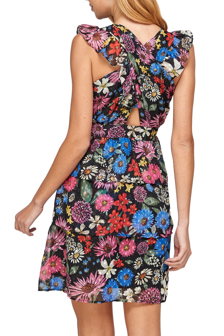 Floral Print Flutter Sleeve Mini Dress, Alternate, color, BLACK MULTI