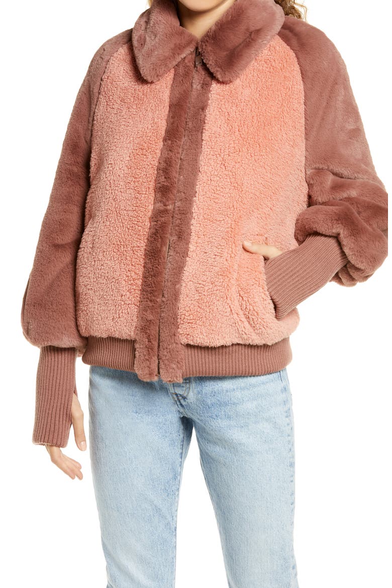 Augusta Faux Fur & Faux Shearling Baseball Jacket, Alternate, color, FIREWOOD