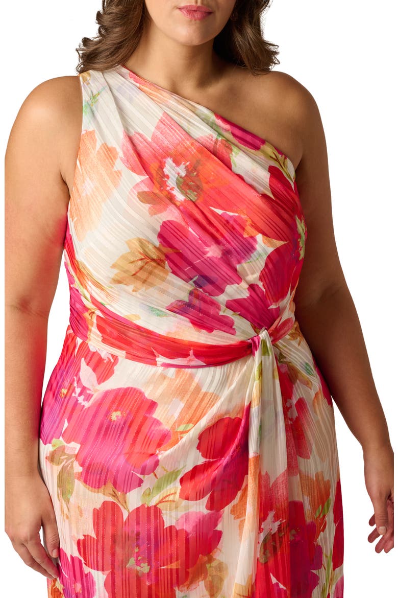 One-Shoulder Satin & Chiffon Evening Gown, Alternate, color, IVORY/ PINK MULTI