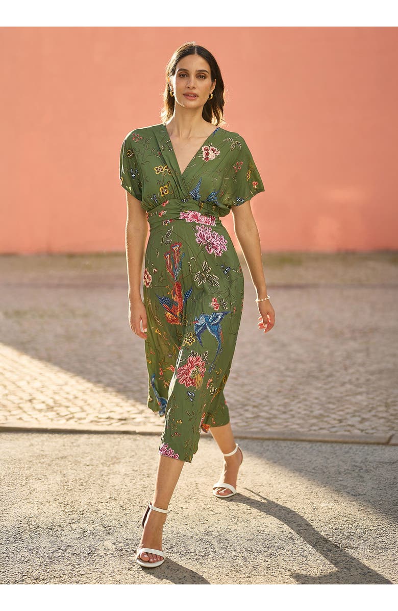 Yumi Ruched Waist Kimono Sleeve Midi Dress, Alternate, color, Green