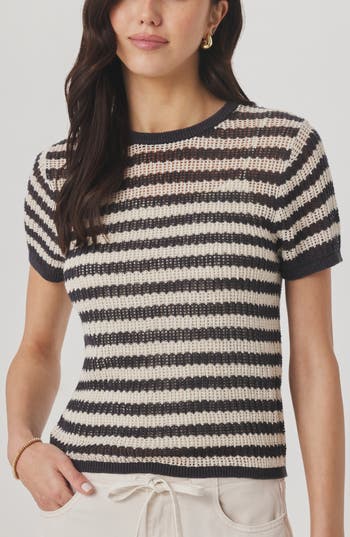 Splendid Yasmine Striped Short Sleeve Sweater In Lead/natural