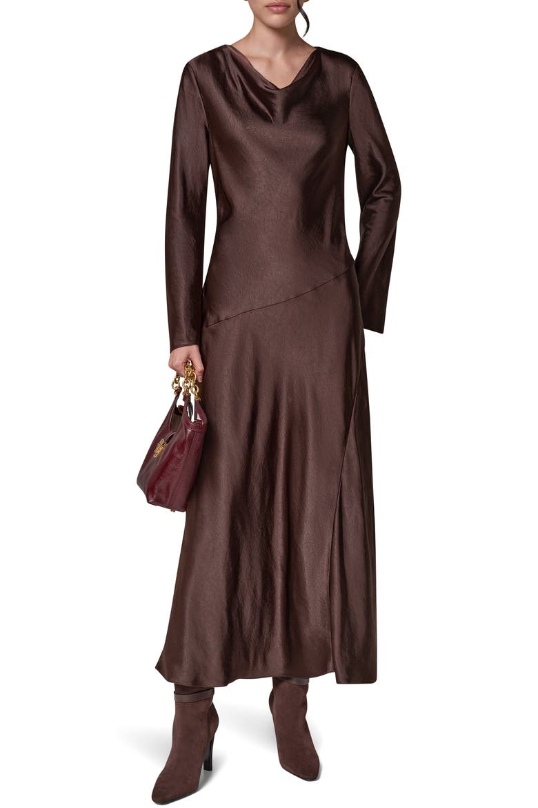 Long Sleeve Draped Neck Satin Dress, Alternate, color, ESPRESSO