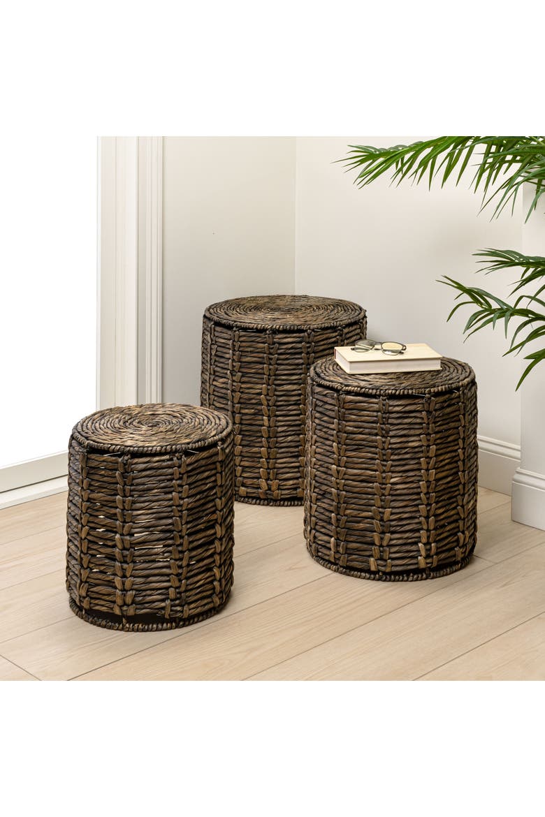 Zaria Coastal Handwoven Round Nesting Accent Tables, Set of 3 Woven Side End Tables with Metal Frame, Alternate, color, Brown