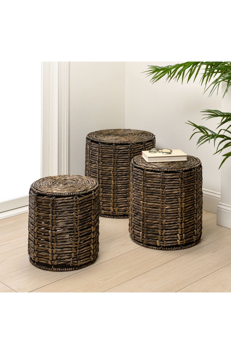 JONATHAN Y Zaria 18" Coastal Bohemian Handwoven Water Hyacinth Nesting Round Accent Table, Alternate, color, Brown