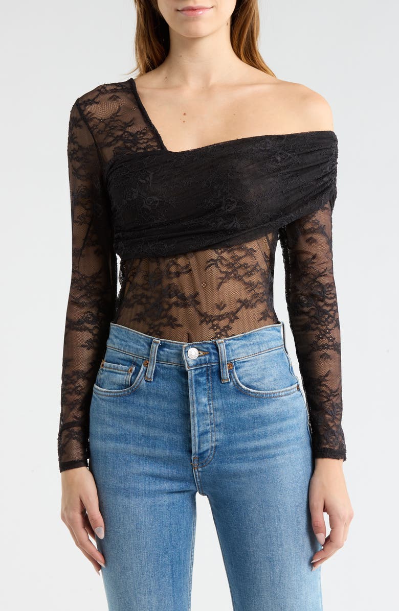 Steve Madden One Shoulder Lace Top, Main, color, Black Onyx