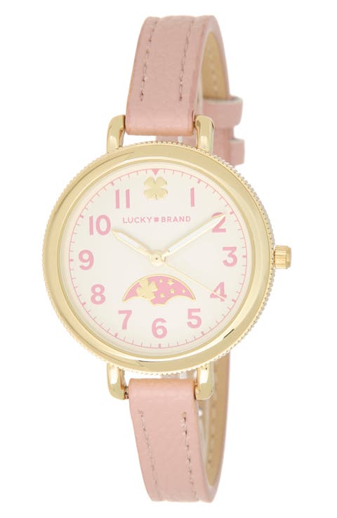 Round Analog Leather Strap Watch, 34mm