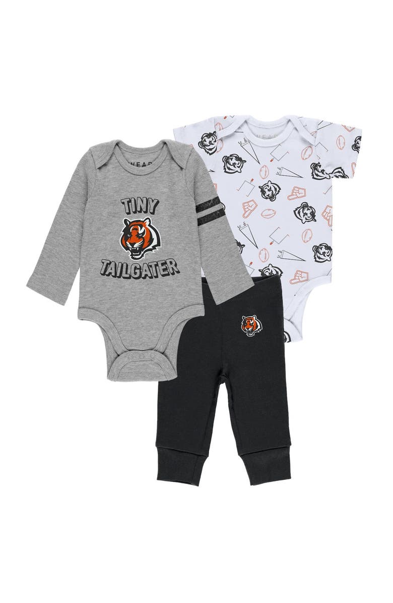 WEAR by Erin Andrews Newborn & Infant WEAR by Erin Andrews Gray/Black/White Cincinnati Bengals Three-Piece Turn Me Around Bodysuits & Pant Set, Main, color,