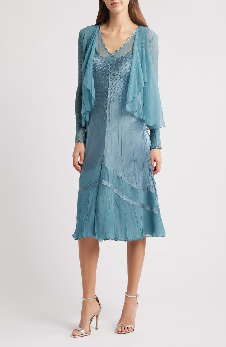 Komarov Textured Charmeuse & Chiffon Dress & Jacket Set, Main, color, Silver Blue