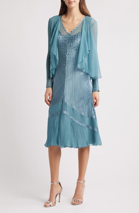 Textured Charmeuse & Chiffon Dress & Jacket Set