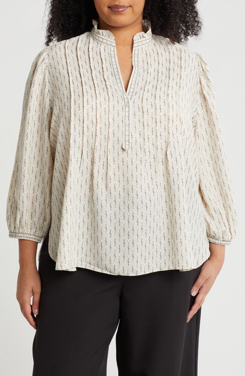 MAX STUDIO Split Neck Long Sleeve Top, Main, color, Natural Cotton Floral