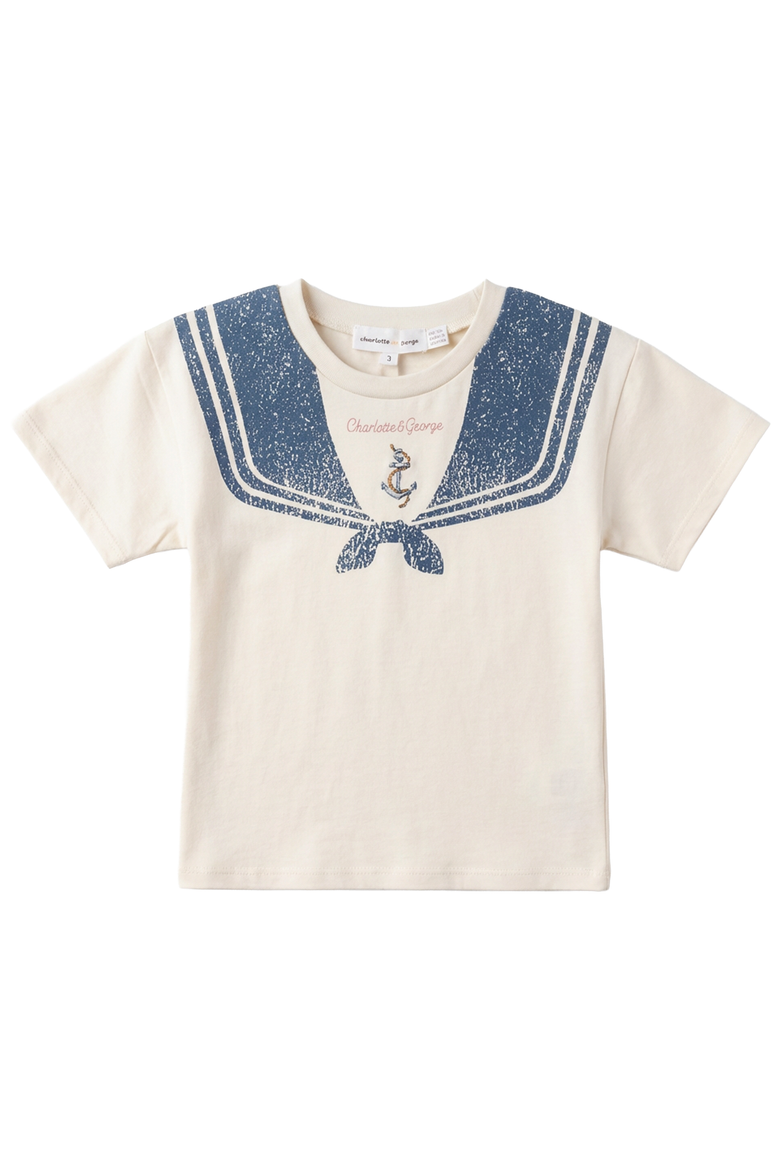 Cotton Spandex Sailor Collar Printed T shirt, Main, color, Cream
