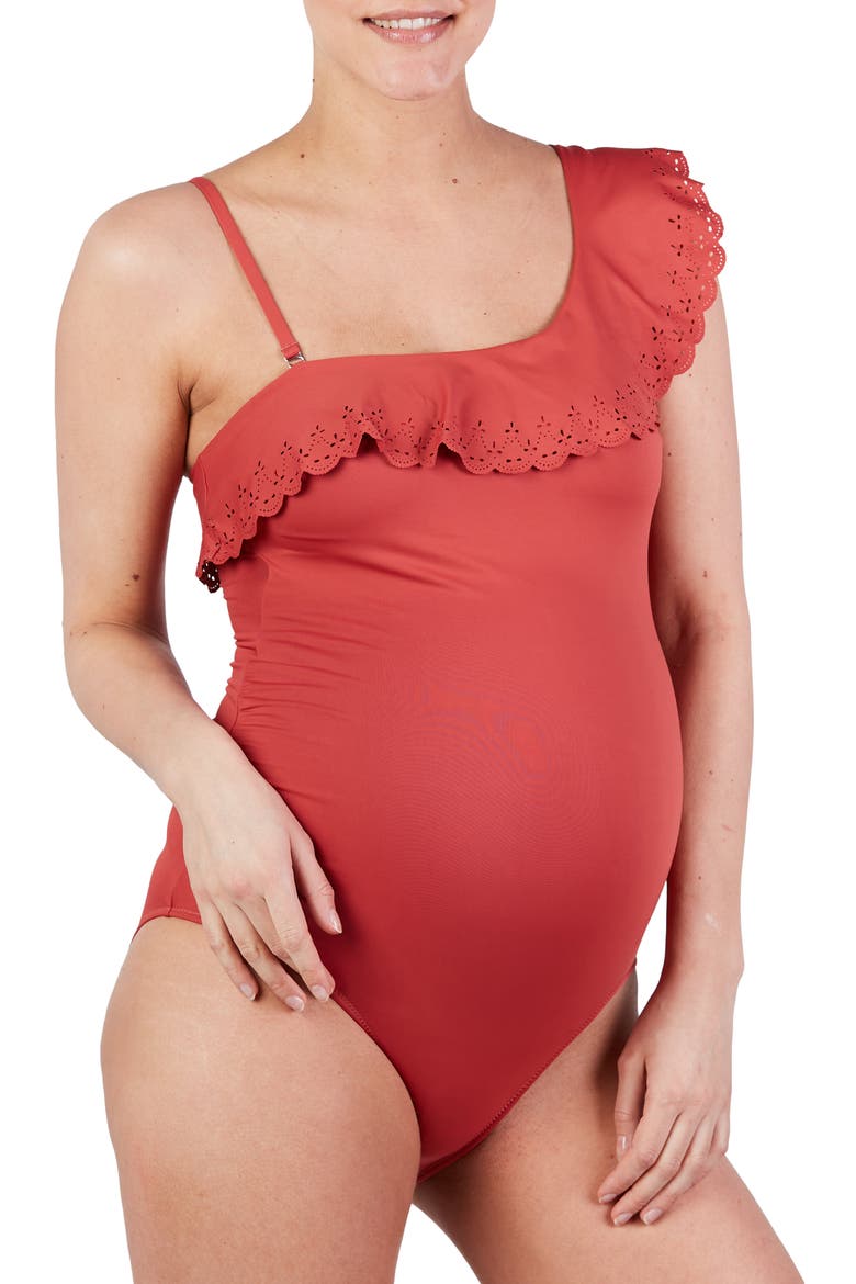 Bloom One-Shoulder One-Piece Maternity Swimsuit, Main, color, COPPER