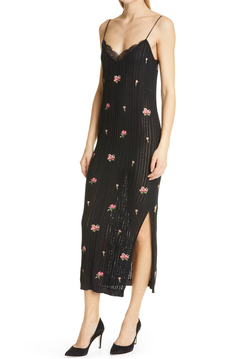 Rose Embroidered Midi Knit Slipdress, Alternate, color, 0NO NERO