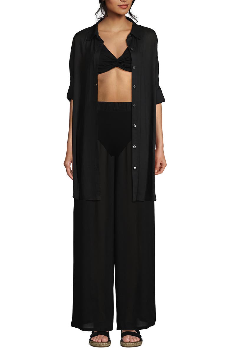 Lands' End Sheer Oversized Button Front Swim Cover-up Shirt, Alternate, color, Black