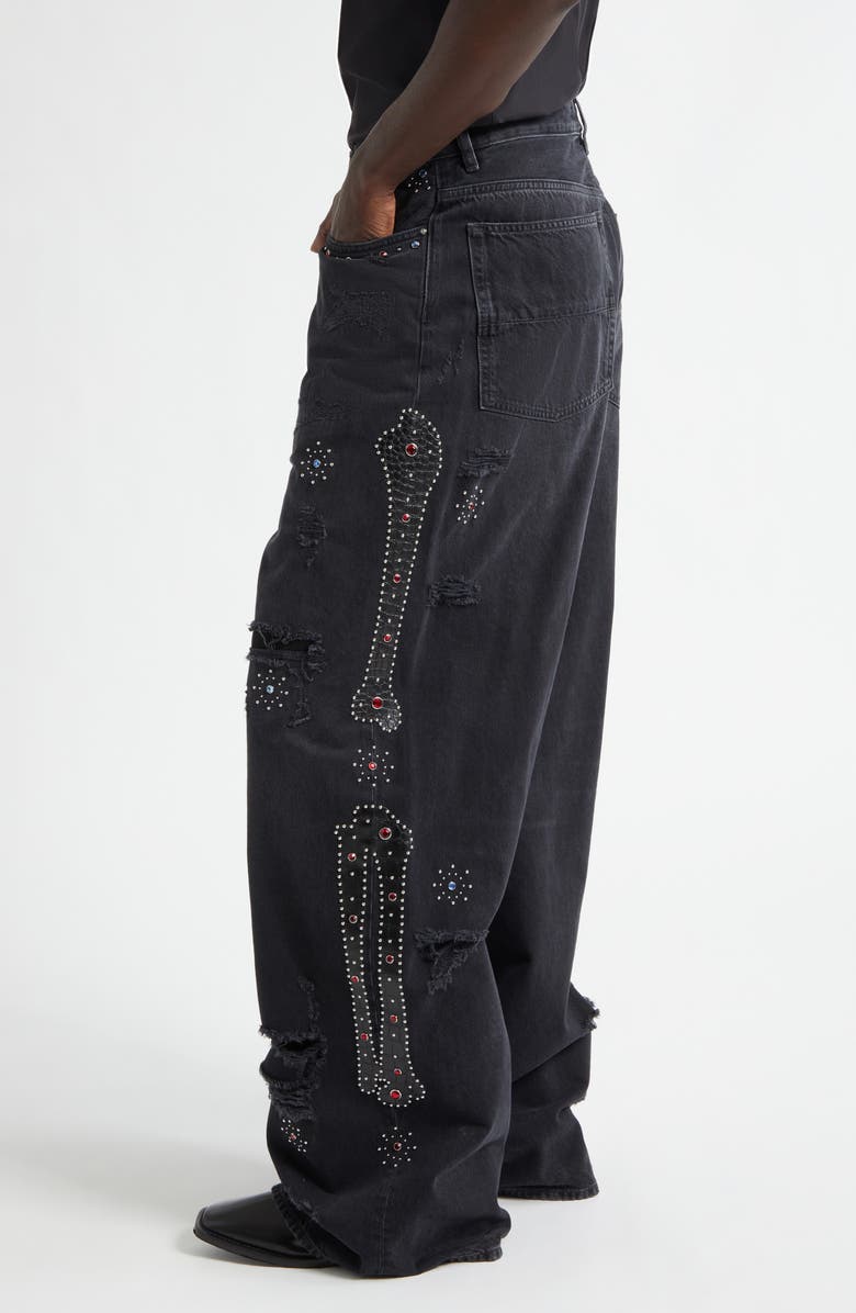 AMIRI Bones Studded Rip & Repair Baggy Jeans, Alternate, color, Vintage Black