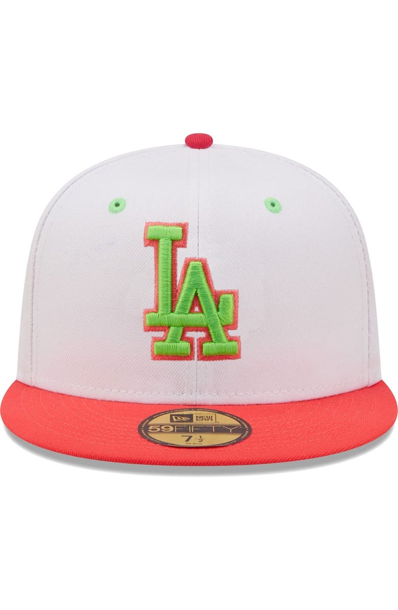 New Era Men's New Era White/Coral Los Angeles Dodgers 100th Anniversary Strawberry Lolli 59FIFTY Fitted Hat, Alternate, color, 