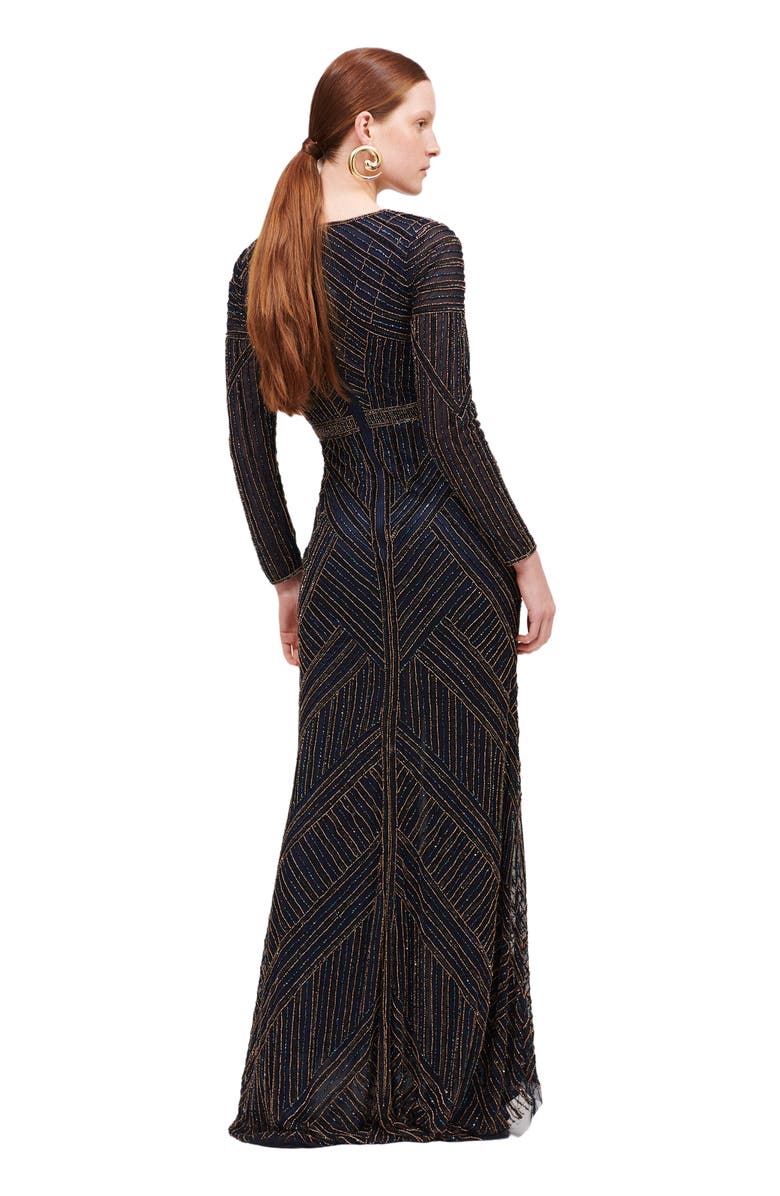 BEAUUT Occasion Embellished Sequin Beaded V Neck With Long Sleeves Evening Maxi Dress, Alternate, color, 