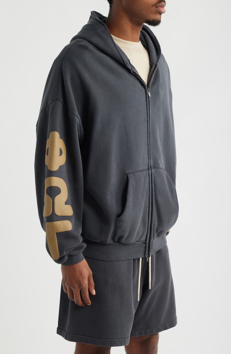 Fear of God Essentials 90s Graphic Washed Zip Front Cotton Hoodie, Alternate, color, Washed Iron Grey