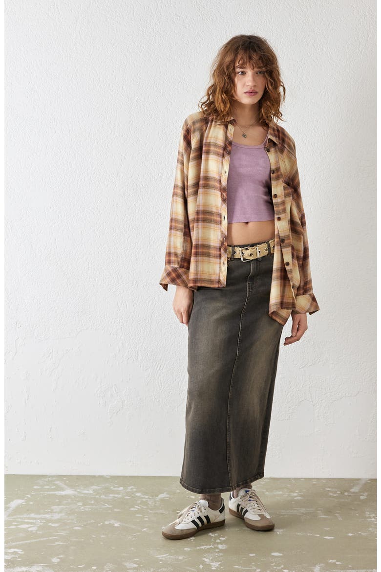 Brendon Plaid High-Low Hem Button-Up Shirt, Alternate, color, BROWN