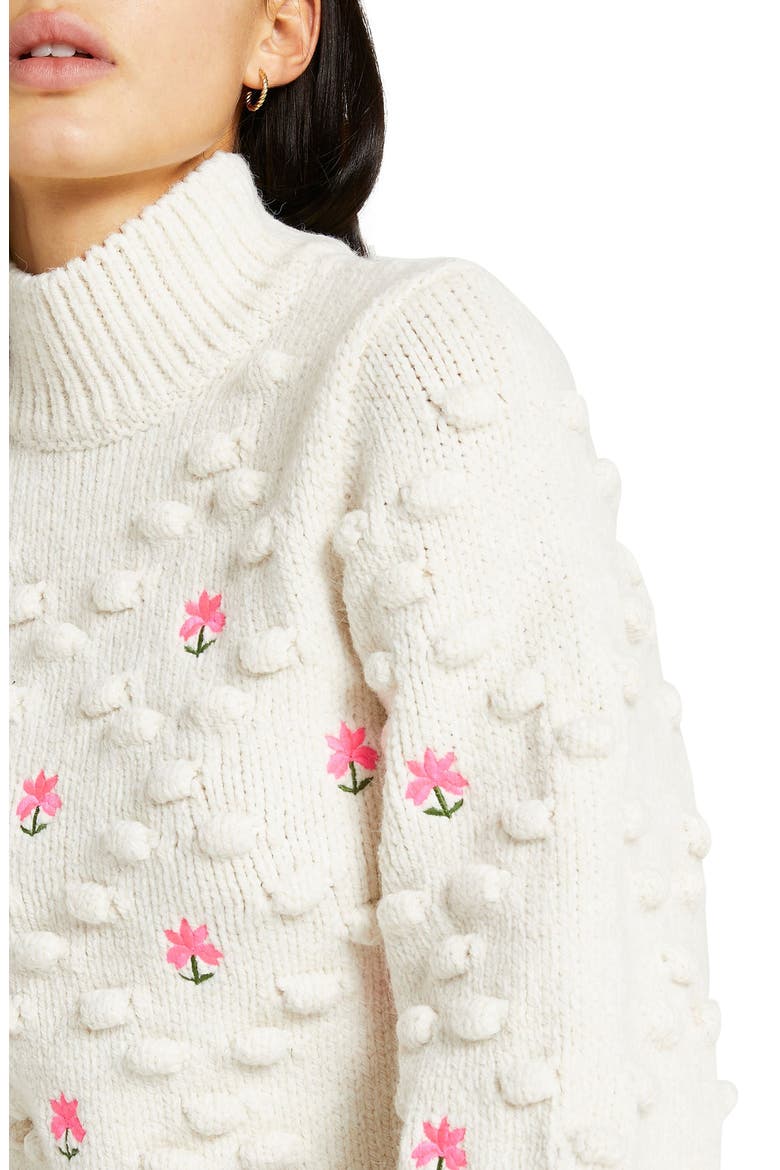 Flower Embroidered Pompom Sweater, Alternate, color, CREAM
