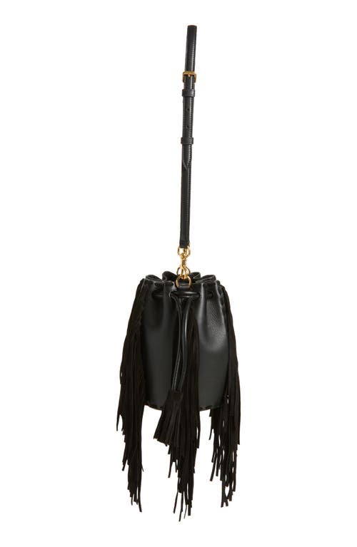 Valentino Garavani Small Nellcôte Fringed Leather Bucket Bag In Black