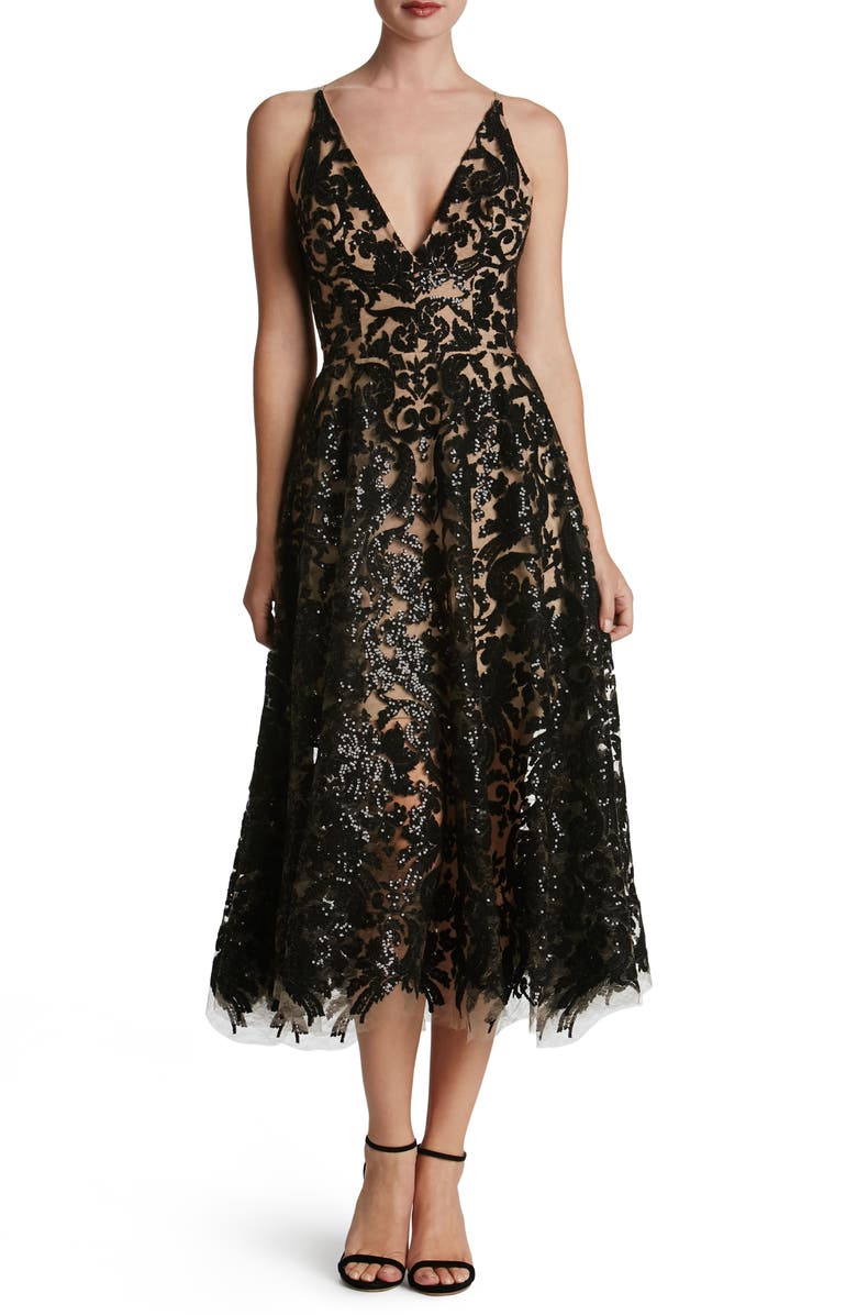 Dress the Population Blair Embellished Fit & Flare Cocktail Dress, Main, color, Black/ Nude