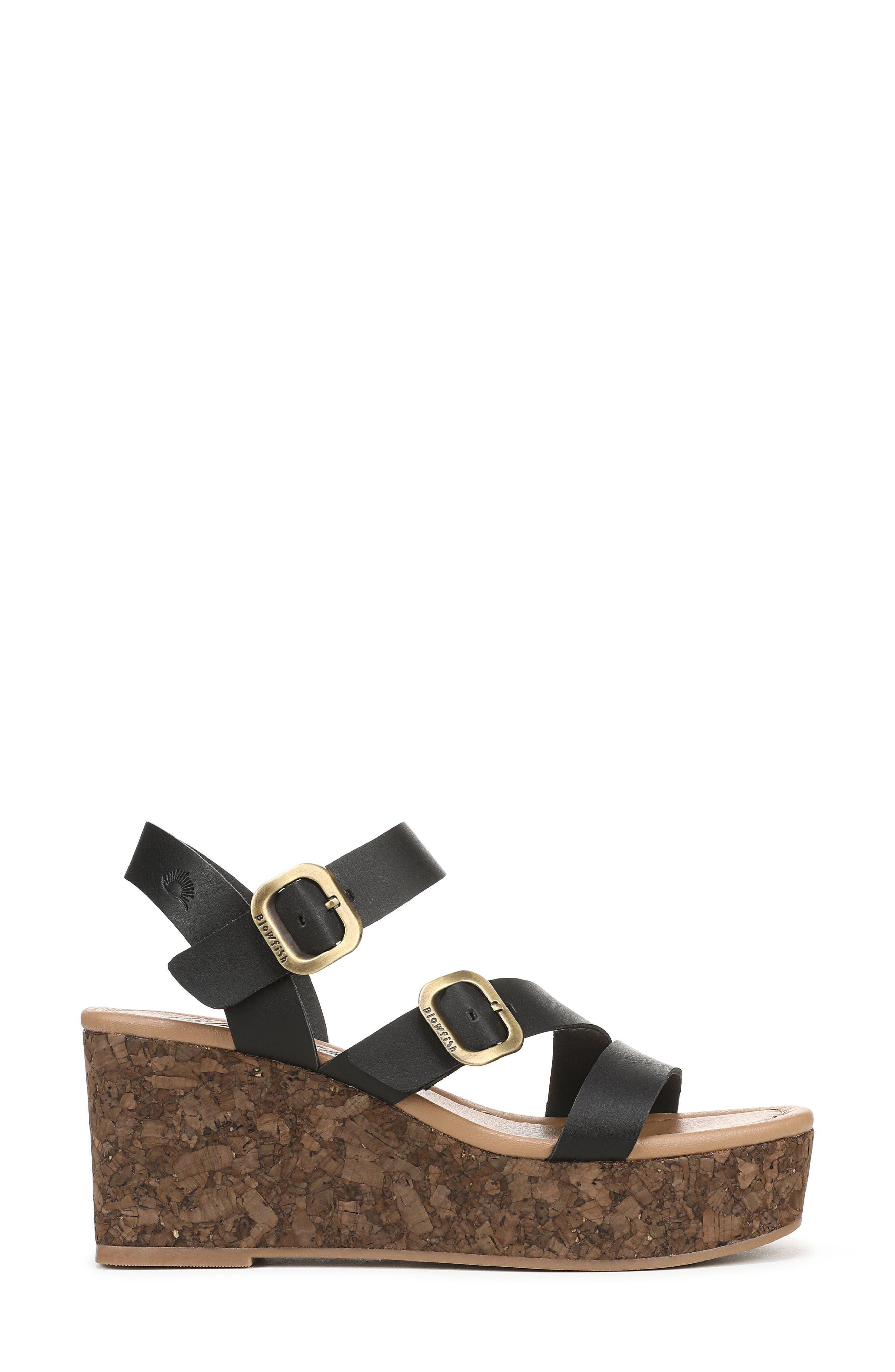 Blowfish Malibu Ali Buckled Wedge Sandal, Alternate, color, Black Faux Leather