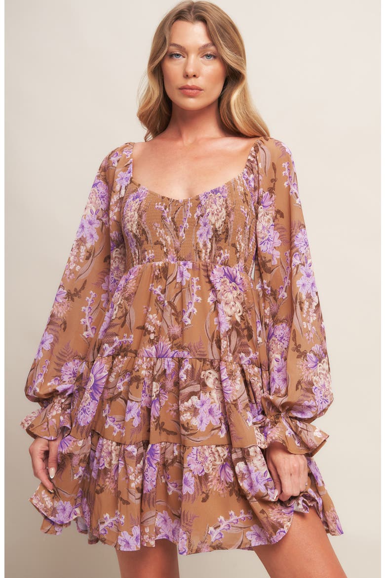 Floral Long Sleeve Babydoll Dress, Alternate, color, CAMEL