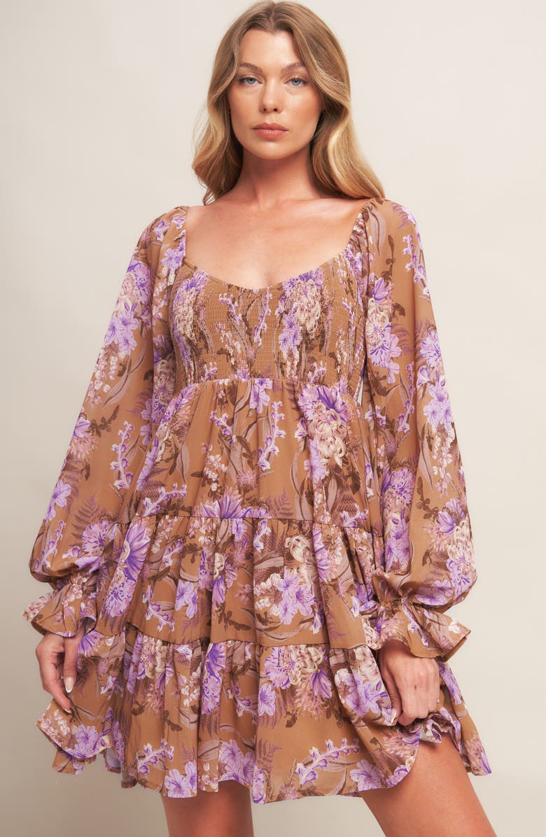 FLYING TOMATO Floral Long Sleeve Babydoll Dress, Alternate, color, Camel