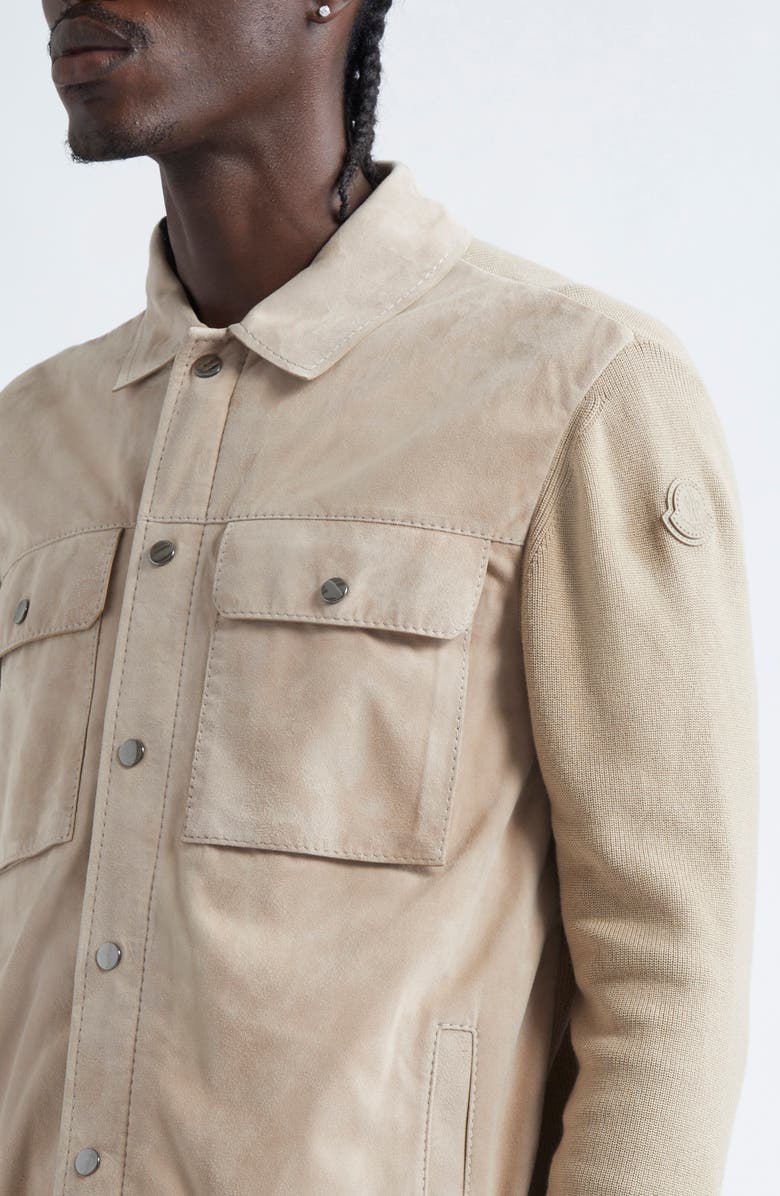 Moncler Leather & Cotton Knit Overshirt, Alternate, color,