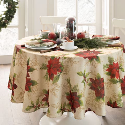 Festive Poinsettia Holiday Fabric Tablecloth