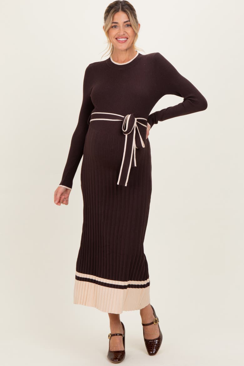 Ribbed Midi Sweater Dress With Belt, Alternate, color, Brown