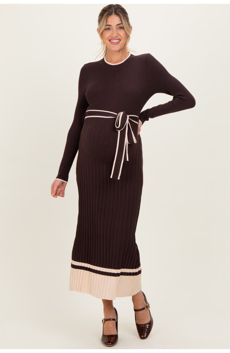 PinkBlush Ribbed Midi Sweater Dress With Belt, Alternate, color, Brown