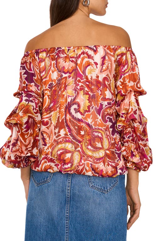 Vince Camuto Paisley Off The Shoulder Bubble Sleeve Top In Wine