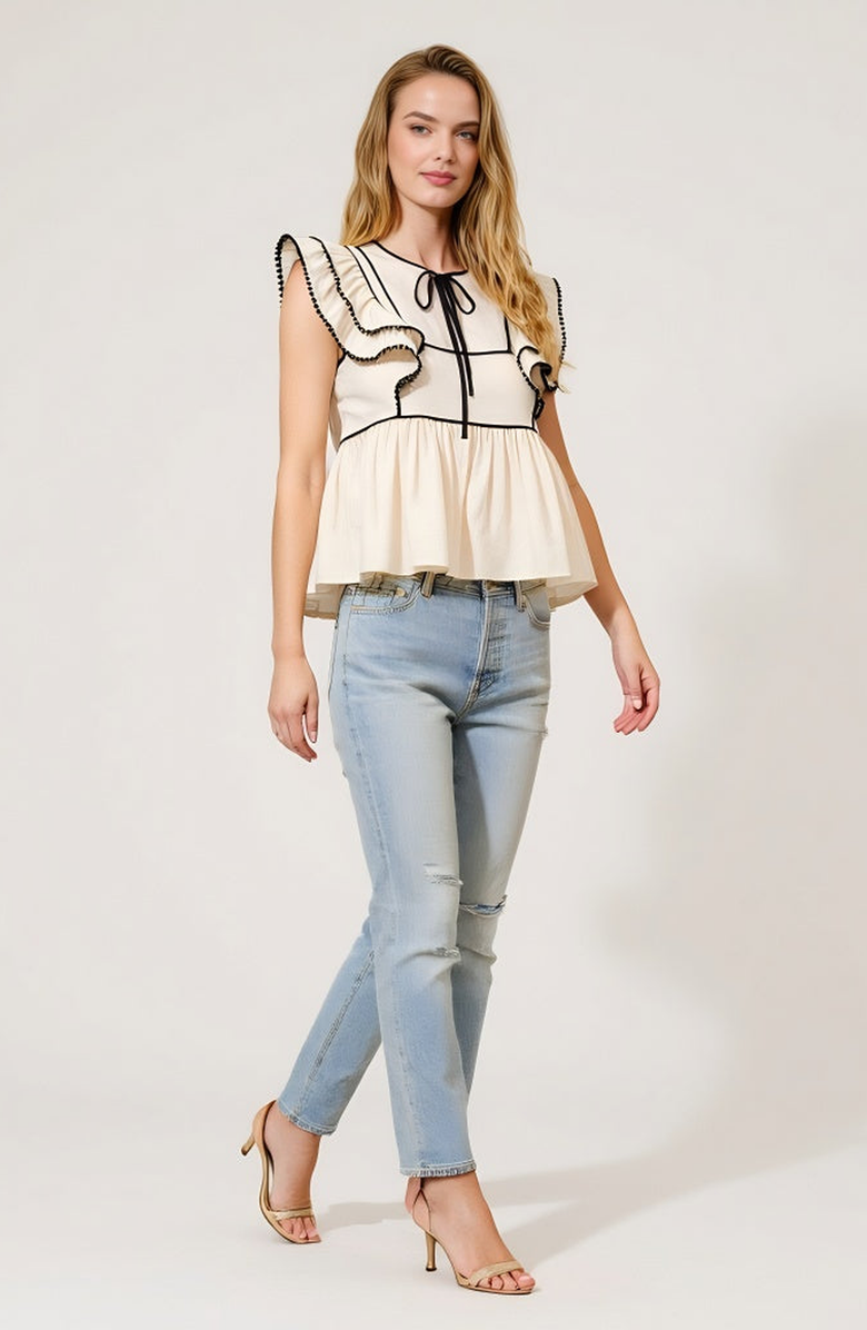 Modenaire Ruffle Sleeve Peplum Top with Contrast Trim and Front Tie, Alternate, color, Ivory