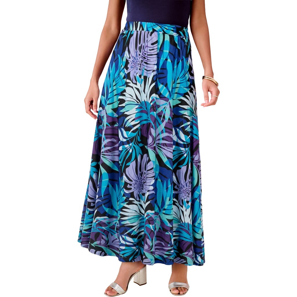 Roaman's Ultrasmooth® Fabric Maxi Skirt in Black Multi Tropical Leaves at Nordstrom, Size 36