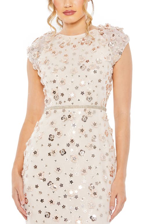 Mac Duggal Floral Applique Cap Sleeve Column Dress In Blush