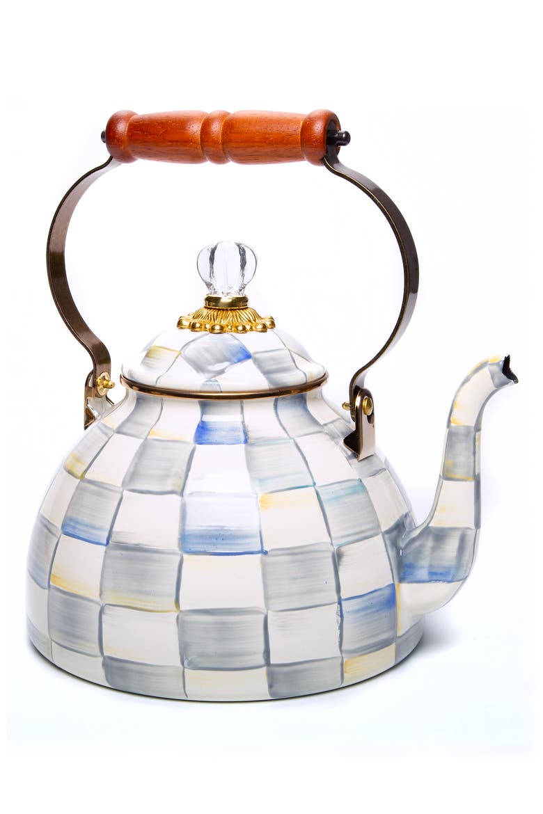 Sterling Check Enameled Steel 3-Quart Tea Kettle, Main, color, GREY/ WHITE