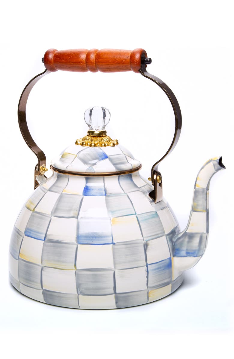 MACKENZIE CHILDS Sterling Check Enameled Steel 3-Quart Tea Kettle, Main, color, Grey/ White
