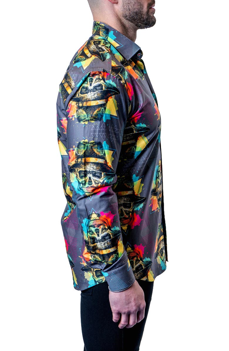 Maceoo Fibonacci Mob Skull Multi Contemporary Fit Button-Up Shirt, Alternate, color, Grey Multi