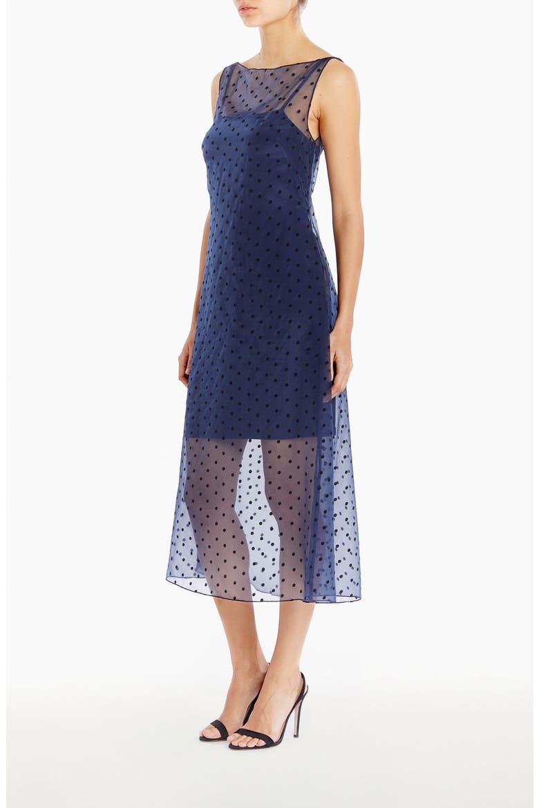 Minata Dot Print Layered Cocktail Midi Dress, Alternate, color, NAVY