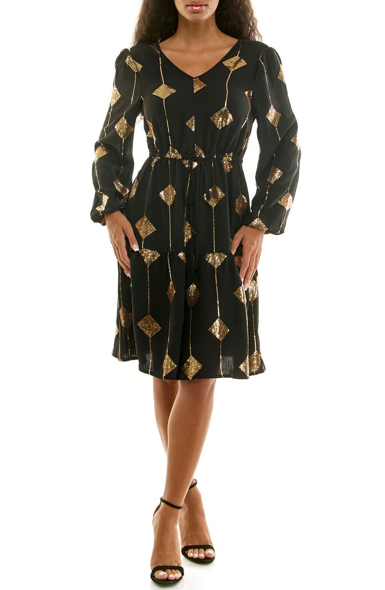 Nina Leonard Balloon Sleeve Drawstring Dress, Main, color, Black